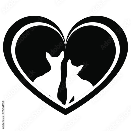 Valentine's Day. A loving couple of cats with a heart. Silhouettes of enamored cats. Cat couple, vector icon or logo. Concept for a pet store, congratulations on valentines day.