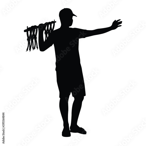 Thai boy with jasmine garland for sell silhouette vector