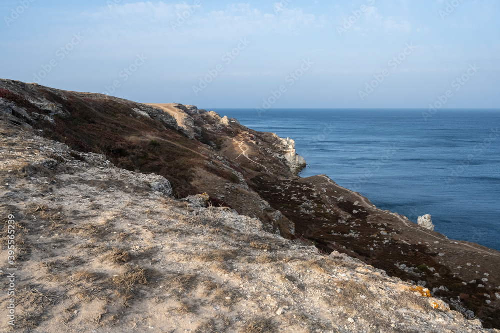 Dzhangulskoe landslide coast nature reserve in the morning in the Republic of Crimea, Russia. September 27, 2020