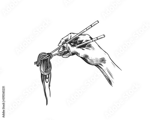 Hand holding chopsticks with noodles. Japanese Asian traditional ramen. Drawn engraved sketch for menu. Monochrome style. Vector illustrations