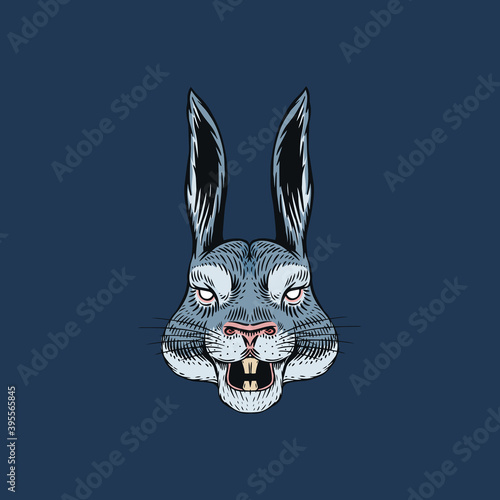 Screaming Hare or mad rabbit for tattoo or label. Roaring animal. Engraved hand drawn line art Vintage old monochrome sketch. Vector illustration. © artbalitskiy