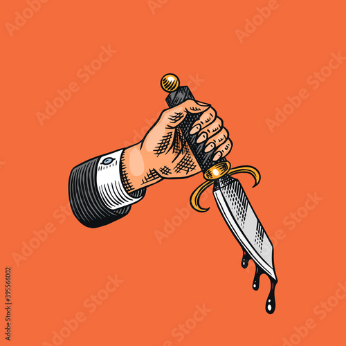 Dagger in hand with blood. for tattoo or label. Engraved hand drawn line art. Vector illustration. Vintage old monochrome sketch.