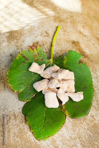 Chicharrones (pork belly with gofio) on a fig leaf photo