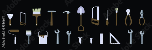 Tool icon set with lots of construction or DIY tools including level, pneumatic and many others. vector illustration isolated on black background