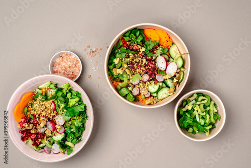 Vegan veggie bowl with nuts and Himalayan salt photo