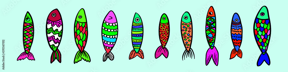 set of fish animals cartoon icon design template with various models. vector illustration isolated on blue background set of fish animals cartoon icon design template with various models. vector illustration isolated on blue background