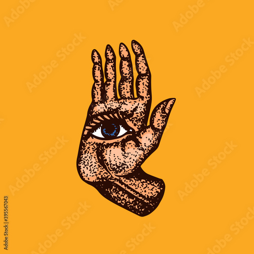 Mystical magic palmistry. Esoteric or alchemy occult sketch for tattoo. Fate in the palm of your hand. Hand Drawn Engraved illustration.