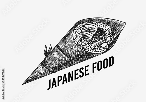 Japanese food. Sushi bar or temaki roll. Vector illustration for Asian restaurant. Hand Drawn engraved sketch for menu. Monochrome style. Vector illustrations