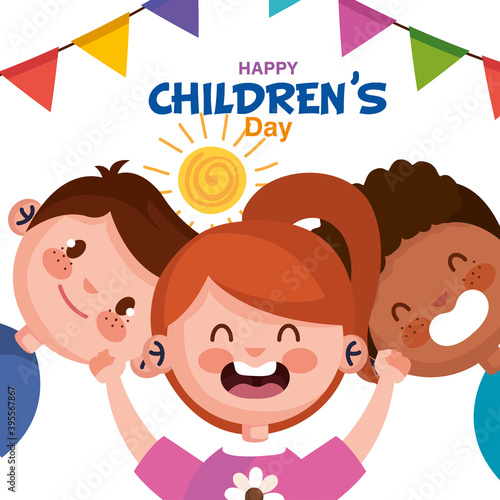 Happy childrens day with girl and boys cartoons design, International celebration theme Vector illustration
