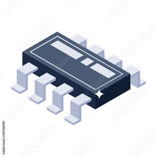 A single chip microcontroller icon, isometric style of integrated circuit