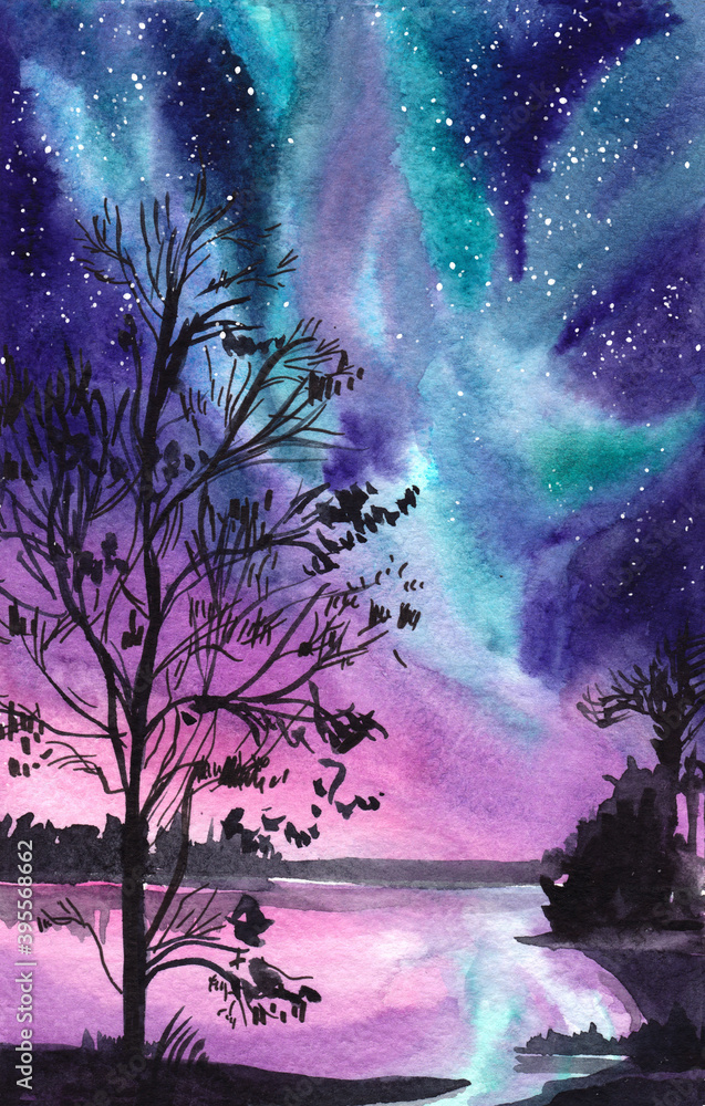 Watercolor landscape northern lights over the lake and silhouettes of trees