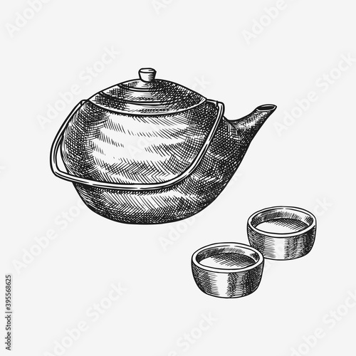Japanese tea party. Teapot and traditional bowls. Hand Drawn engraved sketch for menu. Monochrome style. Vector illustrations