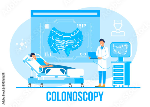 Colonoscopy concept vector for medical web. app. blog. Intestine doctors examine, treat dysbiosis. Tiny therapist of proctology make colonoscopy. Proctologist.