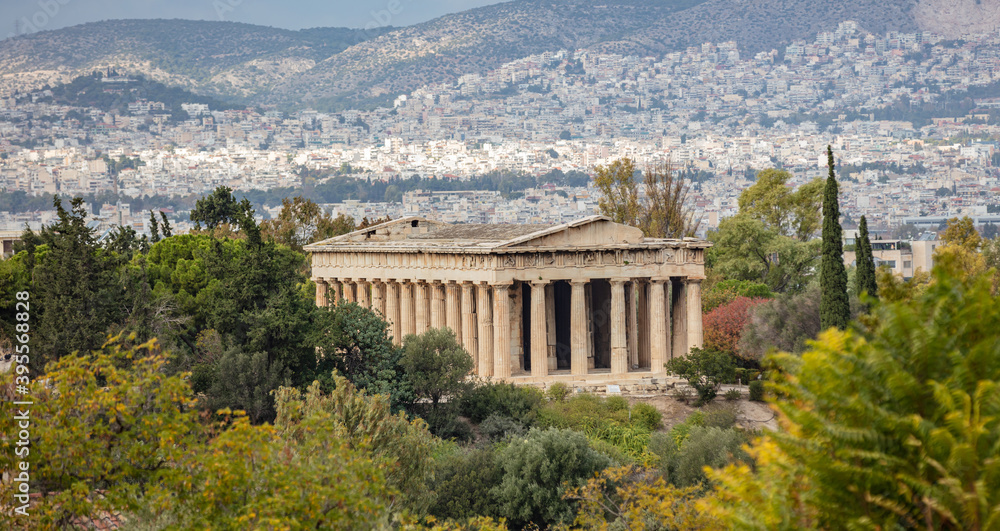 Naklejka premium Hephaestus ancient temple, Athens cityscape. Attica Greece