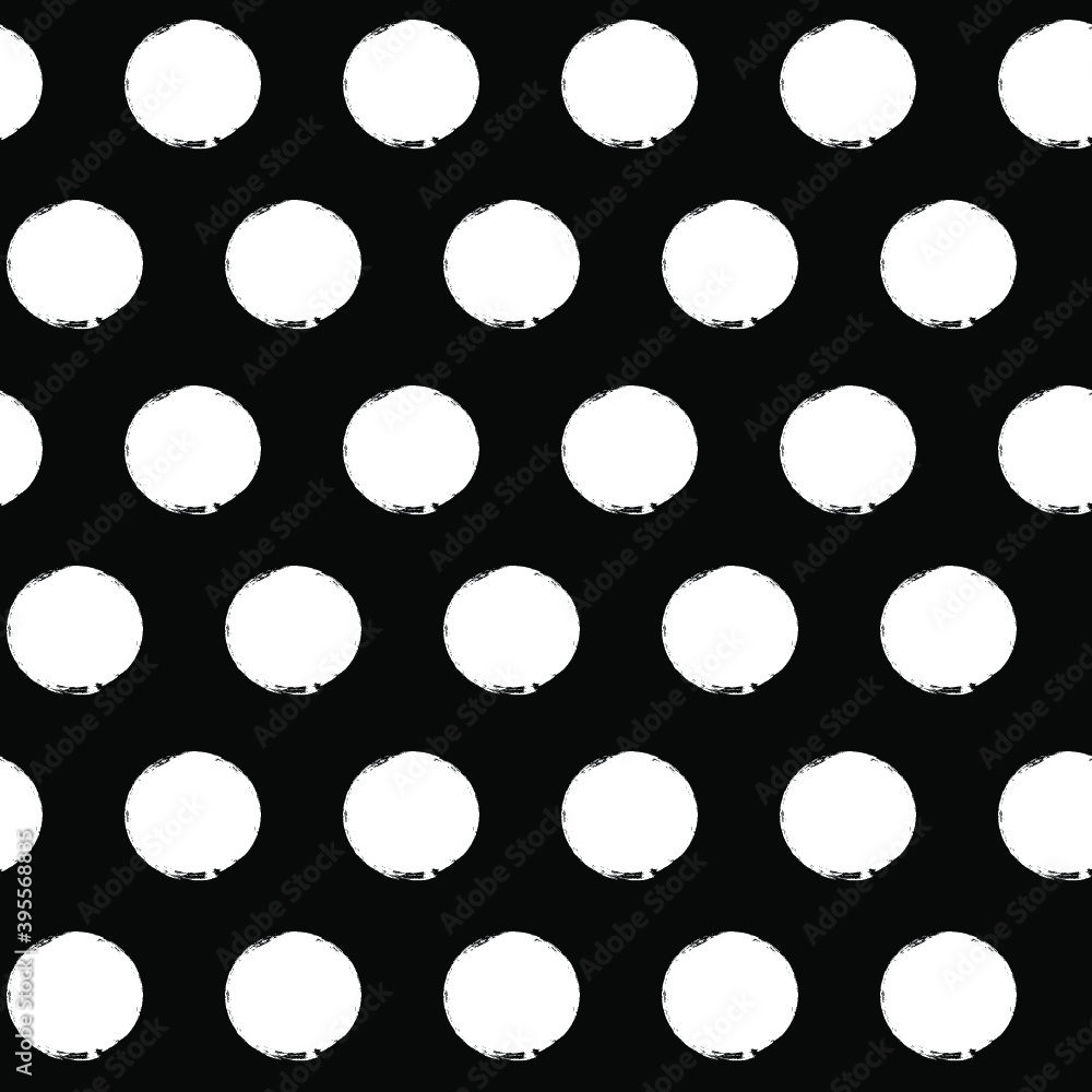 Vector polka dots seamless pattern, hand drawn black watercolor stains. Ink doted background, isolated on white.