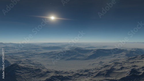 science fiction illustration, alien planet landscape with strange rock formations, fictional space scene, rocky hills and mountains