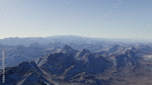 science fiction illustration, alien planet landscape with strange rock formations, fictional space scene, rocky hills and mountains