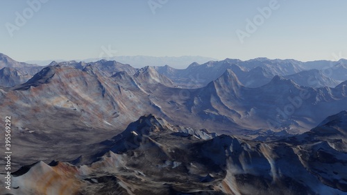 science fiction illustration, alien planet landscape with strange rock formations, fictional space scene, rocky hills and mountains