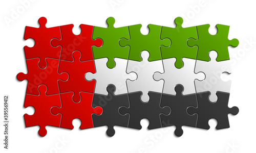 original and simple of the United Arab Emirates flag isolated in official colors and Proportion Correctly Laid out of 12 puzzles on a gray wall background