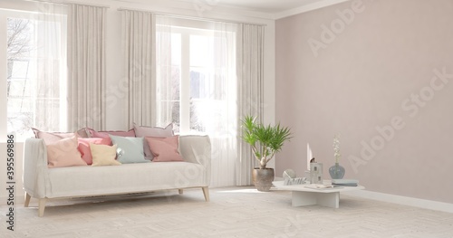 White modern living room with sofa. Scandinavian interior design. 3D illustration