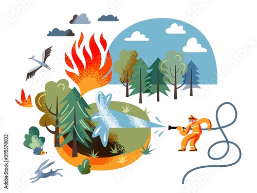 Firefighter saving forest from fire. Rescuing animals from burning forest. Fire department emergency vector illustration. Man with water from hose helping nature. Trees, grass, animals running photo