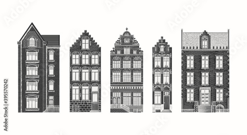 Amsterdam houses. Urban residential buildings. Scandinavian style. European city. Hand drawn monochrome doodle vector illustration 