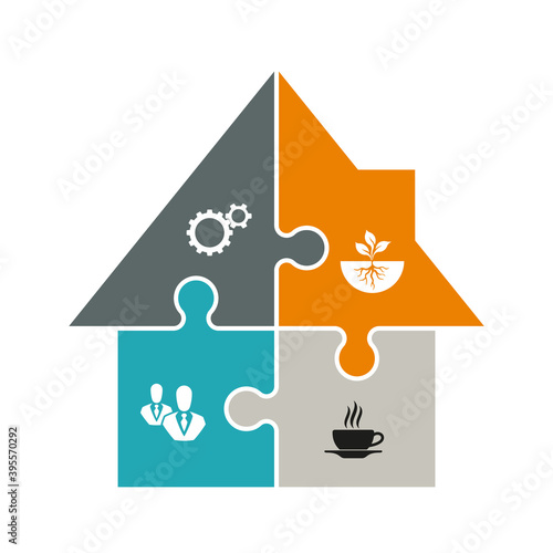 Puzzle house presentation infographic template with explanatory text field for business statistics illustration