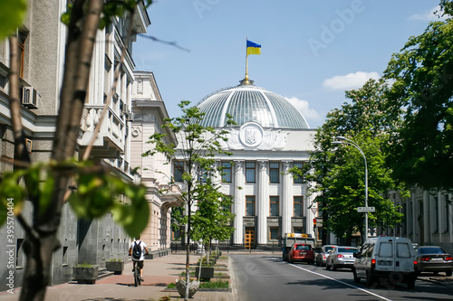 View to Verkhovna Rada building or Supreme Council of Ukraine from Shovkovychna Street in Kyiv, Ukraine. May 2011 photo