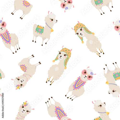 Seamless pattern with cute llamas. Background with funny Alpaca babies for textiles, children's clothing, Wallpaper. Vector illustration