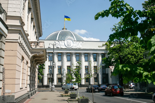 View to Verkhovna Rada building or Supreme Council of Ukraine from Shovkovychna Street in Kyiv, Ukraine. May 2011 photo