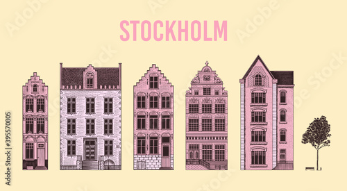 Amsterdam houses. Urban residential buildings. Scandinavian style. European city. Hand drawn monochrome doodle vector illustration 