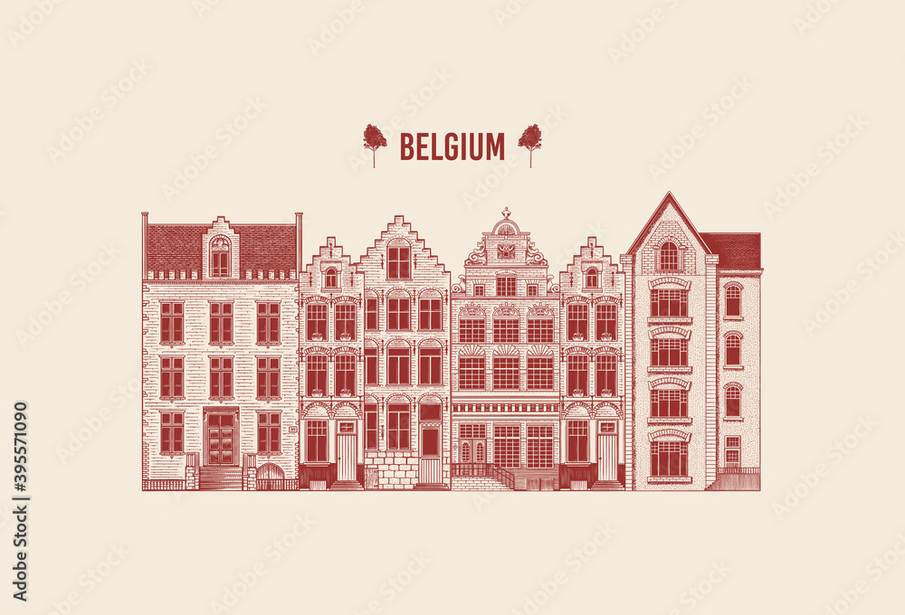 Amsterdam houses. Urban residential buildings. Scandinavian style. European city. Hand drawn monochrome doodle vector illustration 