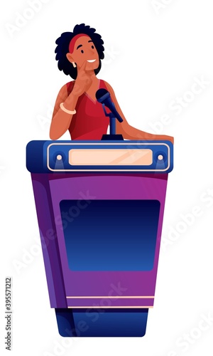 Young woman playing quiz game. Happy girl answers question in competition, standing with microphone. Television trivia show vector illustration. Woman thinking on white background