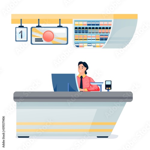 Cashier at supermarket store checkout. Young happy woman sitting at register counter vector illustration. Female staff worker in shop on white background. Board, cigarettes