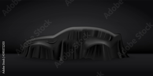 Black cloth drapery covering car. Silk fabric hanging on gift for surprise reveal vector illustration. Hidden car under veil decoration on dark background. Mysterious presentation event