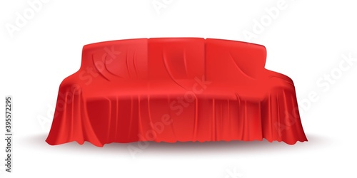 Red cloth drapery covering sofa. Silk fabric hanging on gift for surprise reveal vector illustration. Hidden coach under veil decoration on white background. Mysterious presentation event