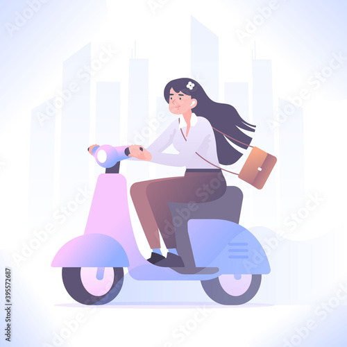 Eco friendly vehicle concept. Young woman riding scooter, office worker going to work by moped, vector illustration