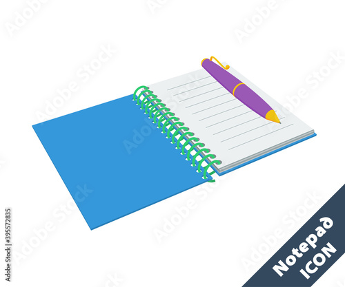 Notepad and pen 3D vector icon. Illustration in flat style isolated on white background.