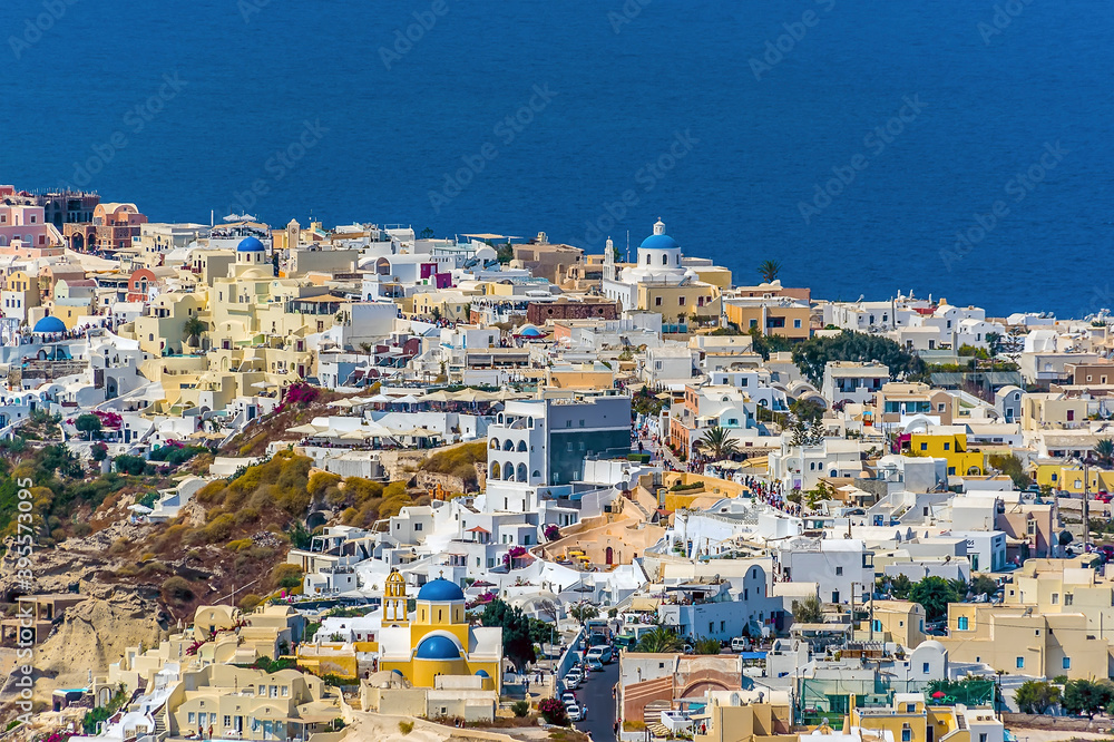 A view over the town of Oia in Santorini in summertime