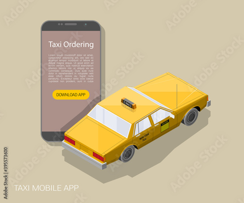 Yellow isometric taxi cab banner. Online mobile application order taxi service illustration. Flat car isometric quality banner. 3D taxi vehicle smartphone. Get a taxi online phone isometry application
