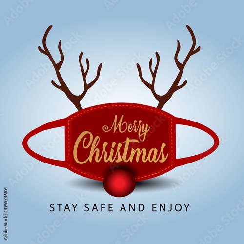 merry Christmas greetings, face mask and rein deer horns. covid 19 corona virus concept. vector illustration design