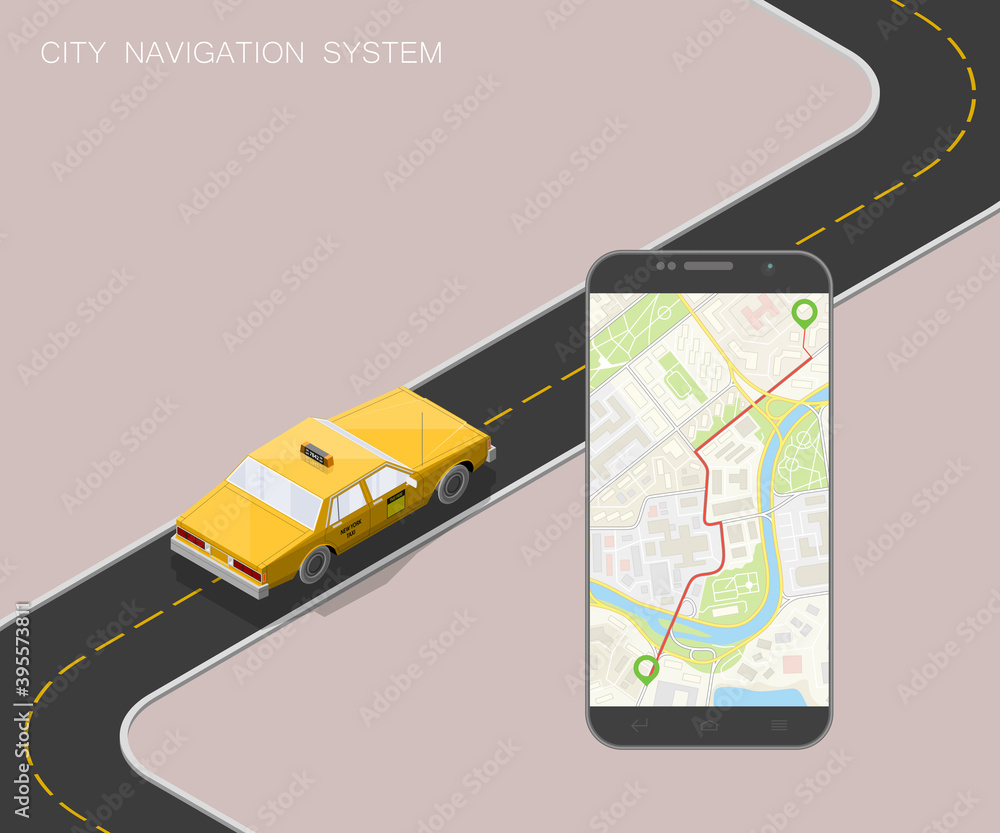 Yellow isometric taxi cab banner. Online mobile application order taxi service illustration. Flat car isometric quality banner. 3D taxi vehicle smartphone. Get a taxi online phone isometry application