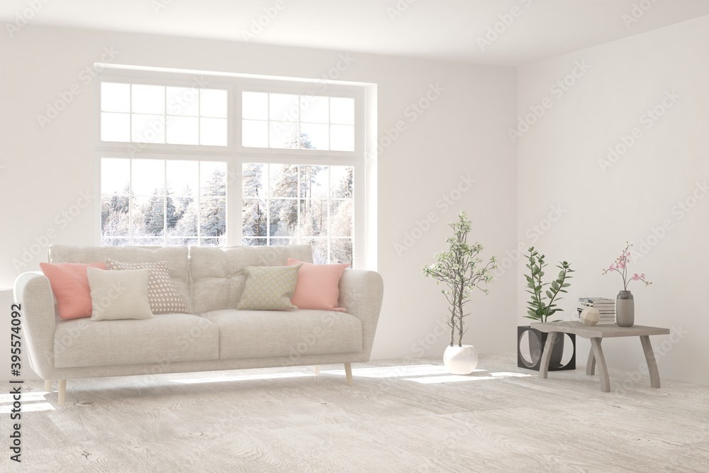 Fototapeta premium White living room with sofa and winter landscape in window. Scandinavian interior design. 3D illustration