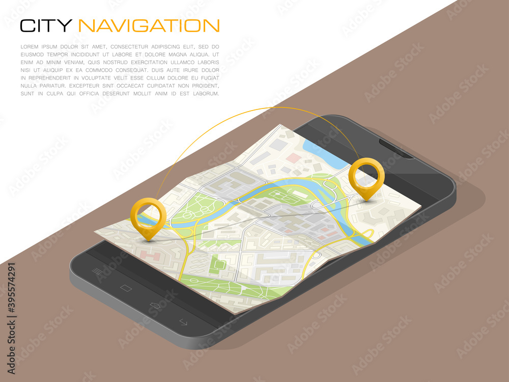 Isometric City map smartphone navigation, Isometry phone point marker ...
