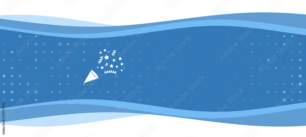 Blue wavy banner with a white exploding party popper symbol on the left. On the background there are small white shapes, some are highlighted in red. There is an empty space for text on the right side