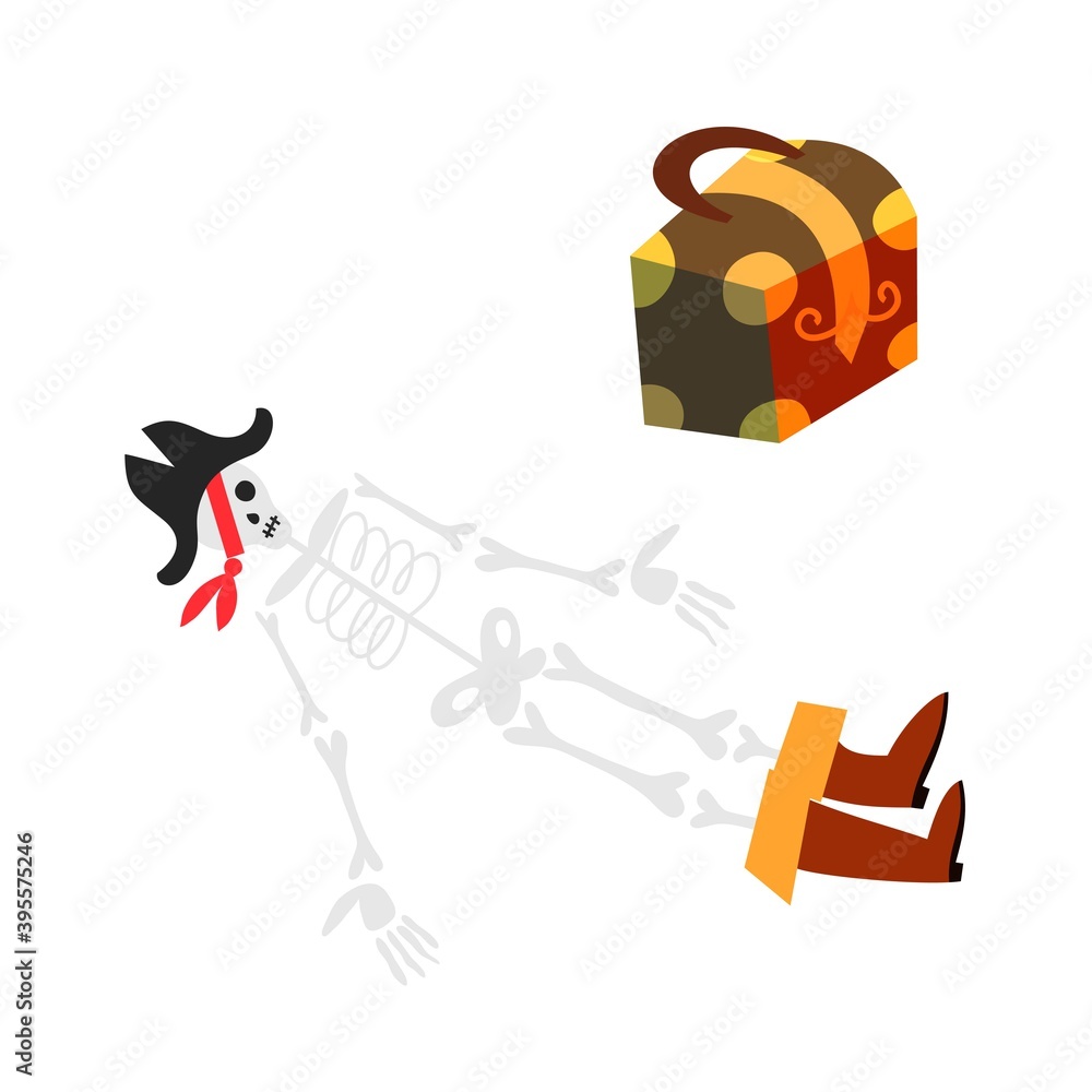 Pirate skeleton lying near closed treasure chest. Piratic dead sailor on ground, chest with money or gold on white background. Adventure and marine piracy vector illustration