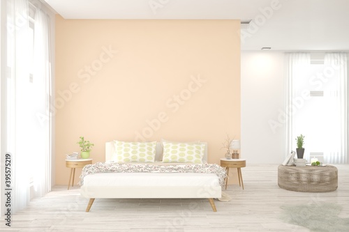 White bedroom interior. Scandinavian design. 3D illustration