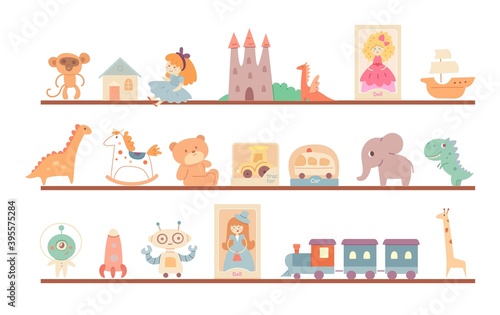 Toys and gifts for kids on shelves in shop. Display in store for children vector illustration. Shelves with dolls, teddy bear, car, bus, robot, train, dino, castle in rows on white background