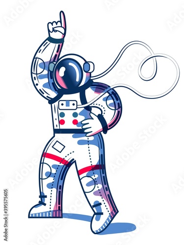 Funny astronaut dancing to disco in spacesuit. Man listening to funky disco music, arm up isolated on white background. Space exploration fun entertainment vector illustration