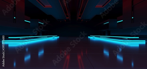 Abstract architectural minimalistic background. Laser show in the ultraviolet spectrum. Modern  impulse tunnel. Futuristic space sci-fi frame neon backlight. 3D illustration and rendering.